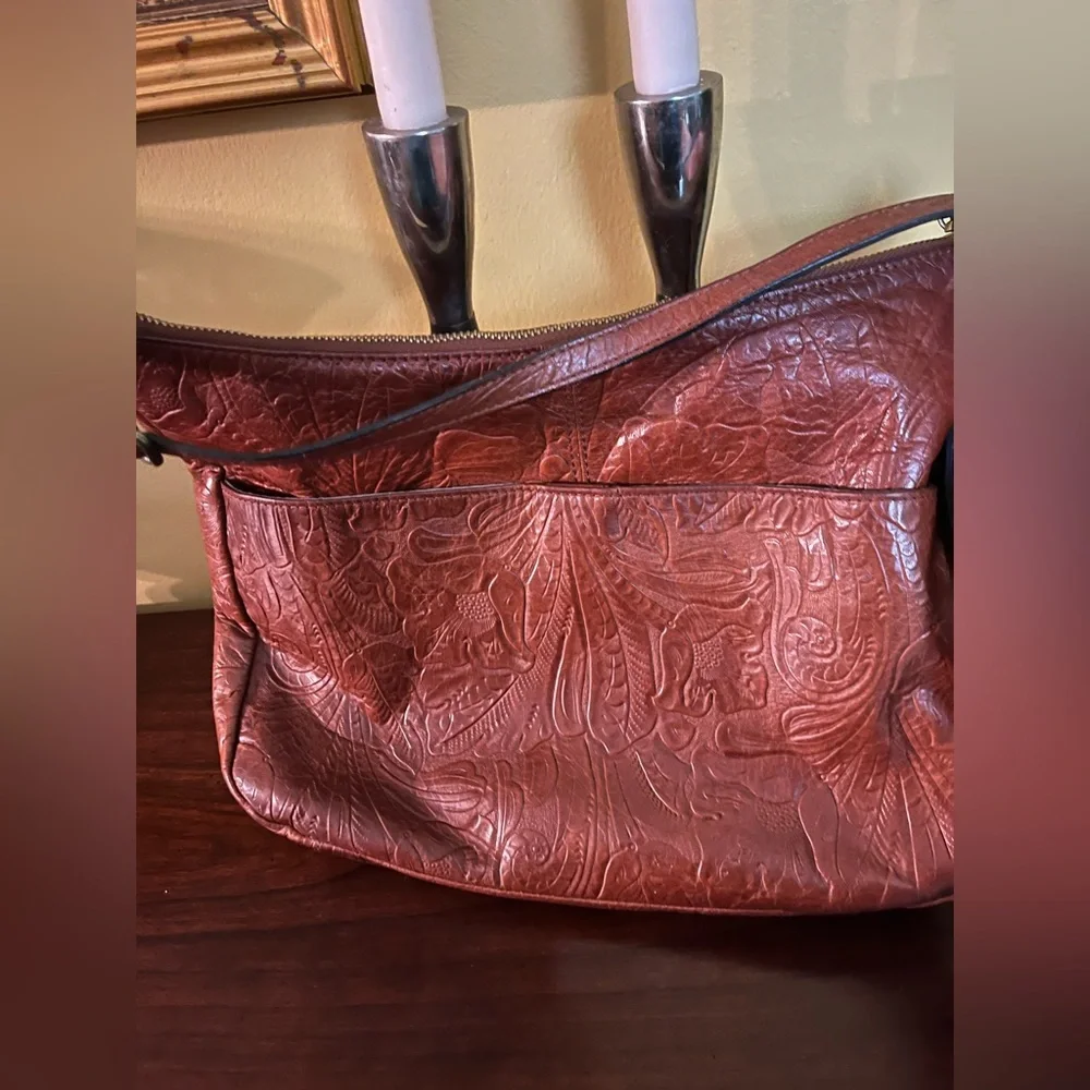 Margot Floral Leather Shoulder Bag - Reddish Brown - Picture 2 of 14